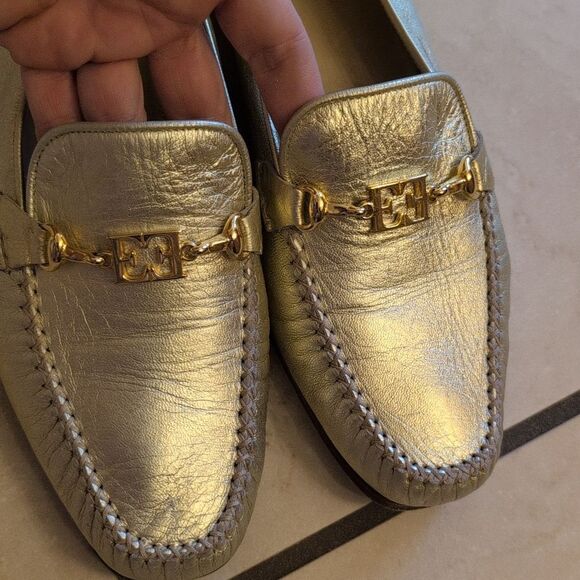 Escada Loafers Metallic Gold Leather Flat Made In Italy Size 10 main image 1